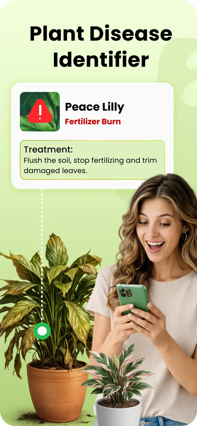 A peace lily with fertiliser burn, and the treatment: flush the soil, stop fertilising and trim damaged leaves.