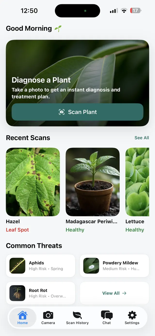Home screen with Diagnose a Plant, recent scans and common threats such as aphids, powdery mildew and root rot.